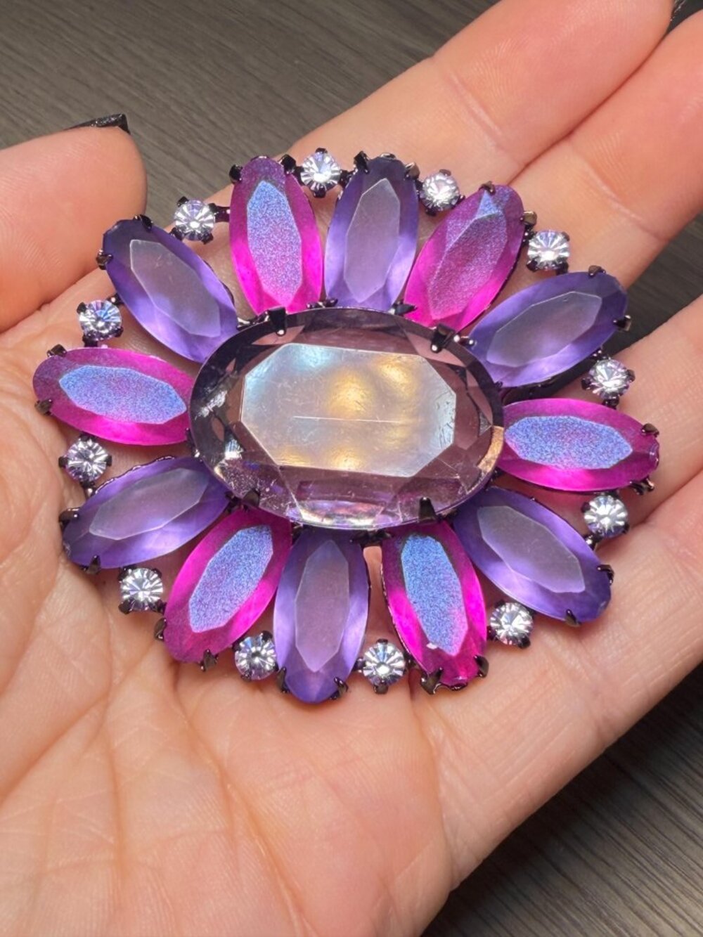Flower Brooch Purple Pink Rhinestone  Matte Petals Translucent Center Floral